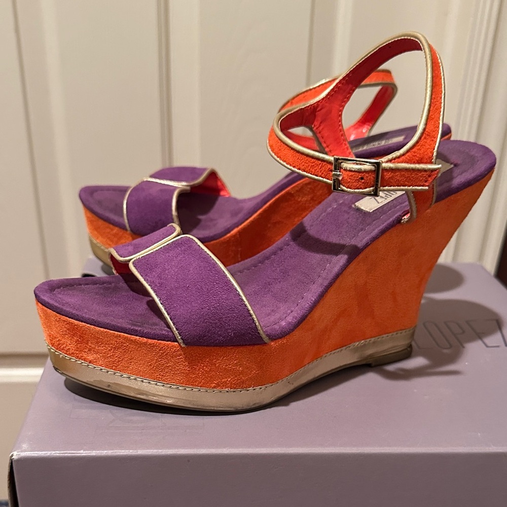Jennifer Lopez Orange and Purple Suede Wedge Sandals